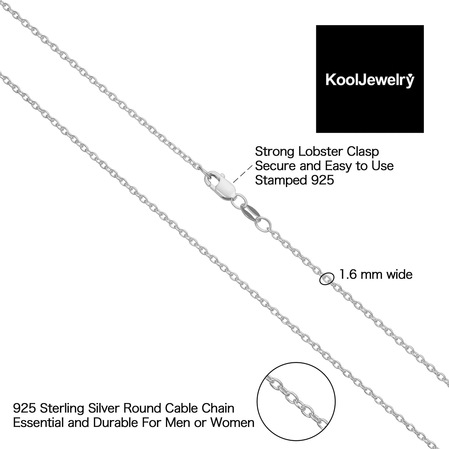 Kooljewelry Sterling Silver Round Cable Chain Necklace (1.6 mm, 24 inch)