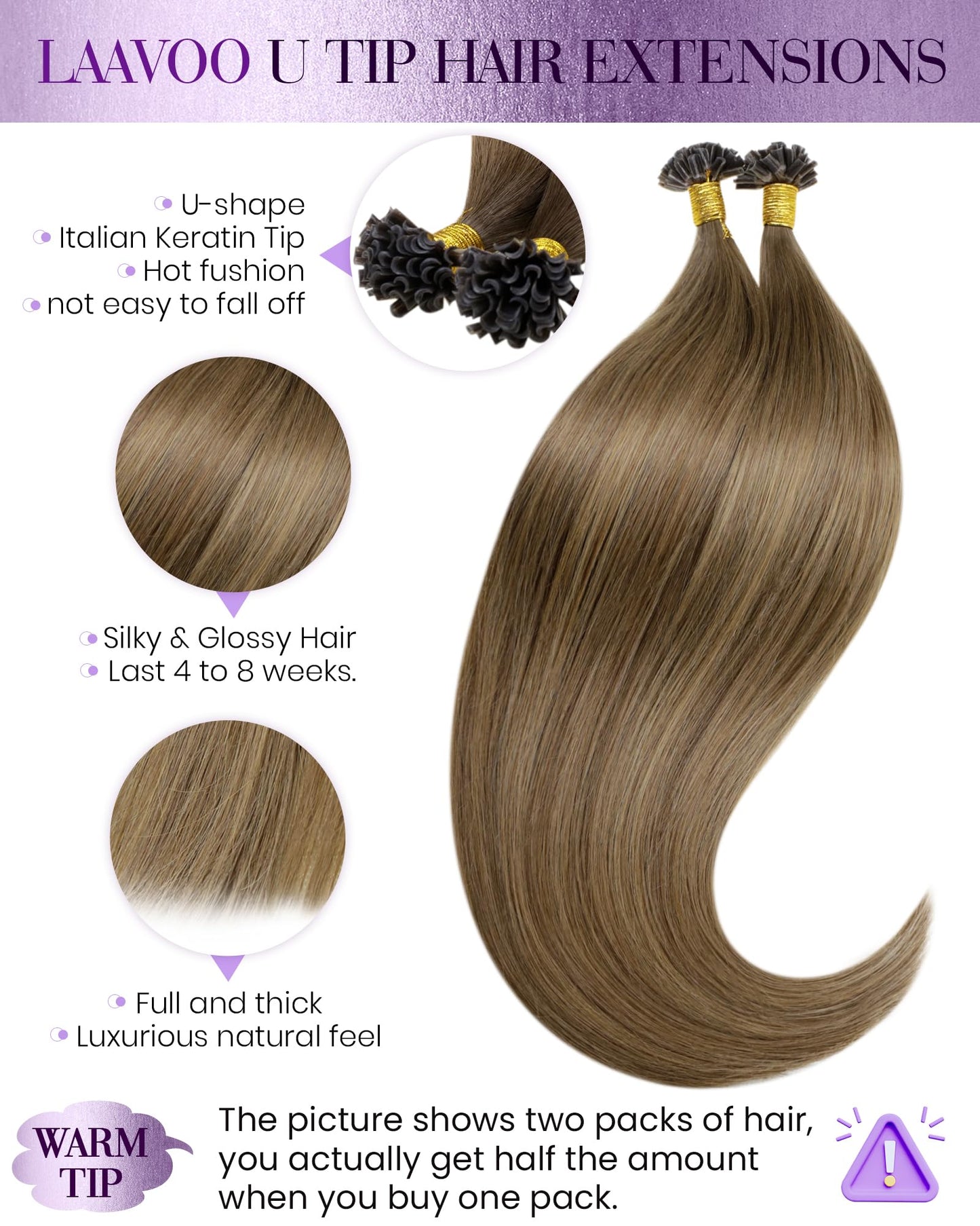 LaaVoo U Tip Hair Extensions Human Hair Ombre Brown to Light Brown Mix Golden Brown K Tips Hair Extensions Human Hair Ombre Fusi