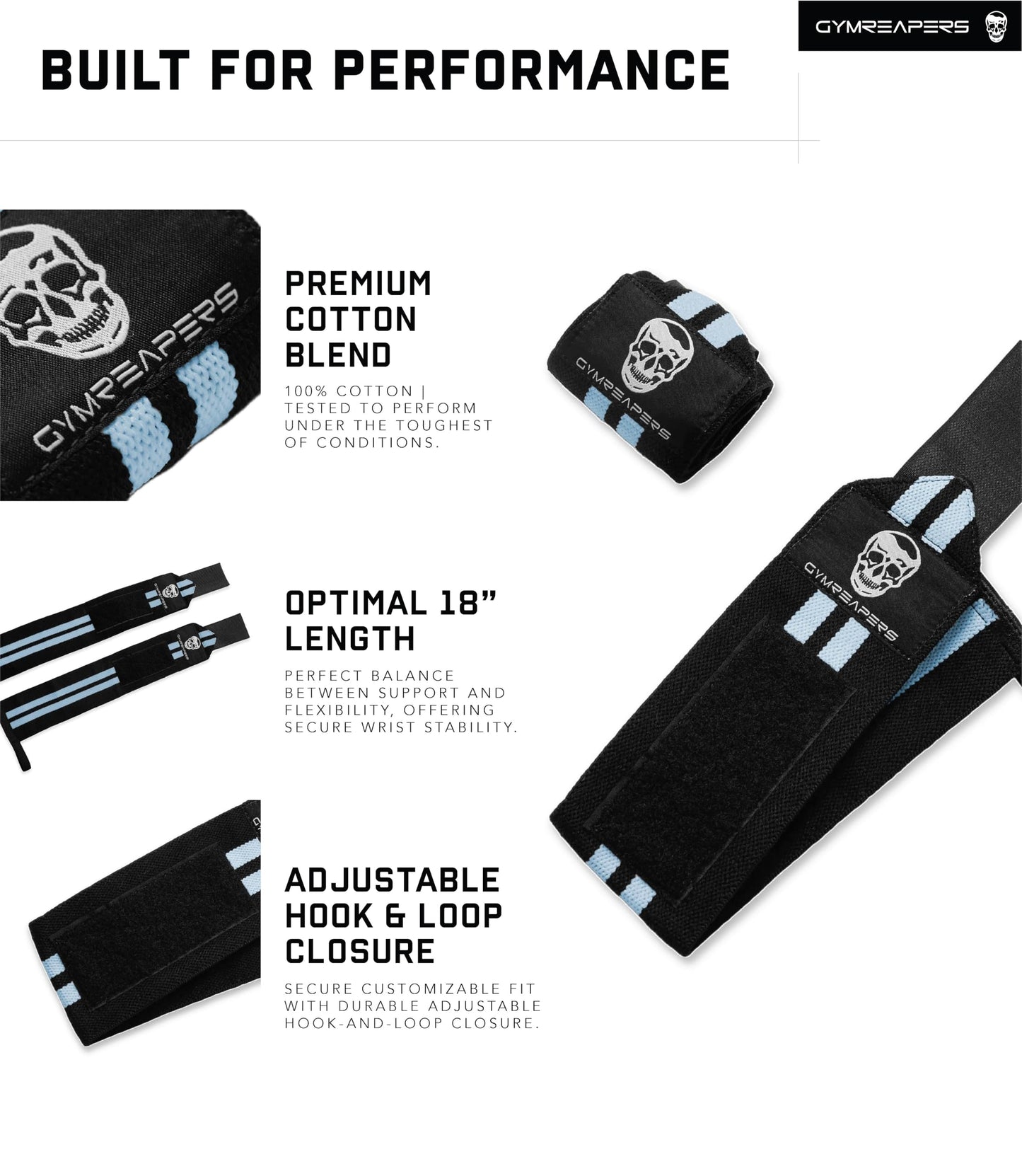 Gymreapers Weightlifting Wrist Wraps (IPF Approved) 18" Professional Quality Wrist Support with Heavy Duty Thumb Loop - Best Wrap for Powerlifting Competition, Strength Training, Bodybuilding (Blue, 18")