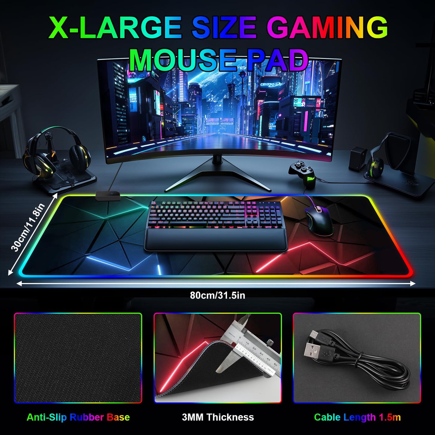 RGB Mouse Pad Desk Pad, Large Gaming Mousepad with LED Light 13 Light Modes Touch Control Extended Soft Computer Keyboard Mat Pad, Desk Mat with Non-Slip Rubber Base for MacBook & Laptop(31.5X11.8)