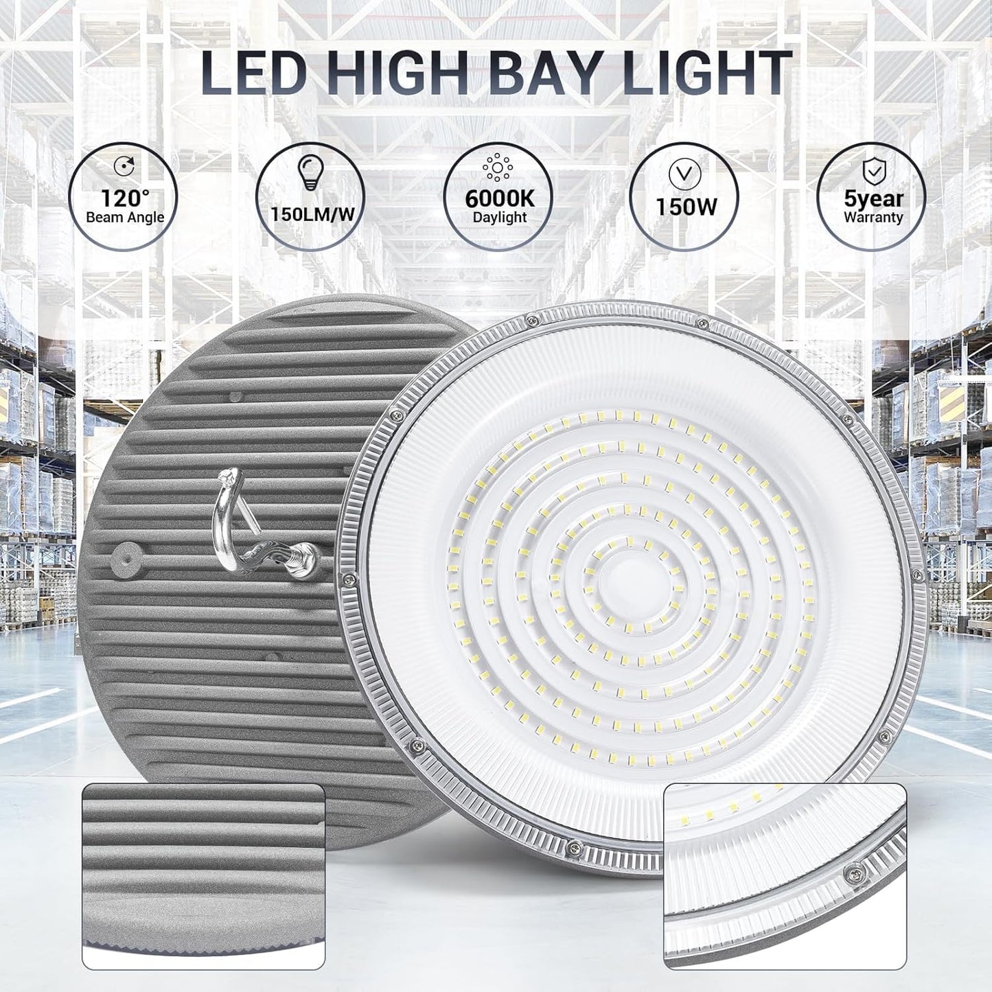 Xycn 10 Pack 150W Ufo Led High Bay Light 6000K Daylight 120Vac Commercial Bay Lighting Ip66 Waterproof 21050Lm 650W Mh/Hps With Plug Area Lighting For Warehouse/Shop/Workshop/Barn/Gym/Factory