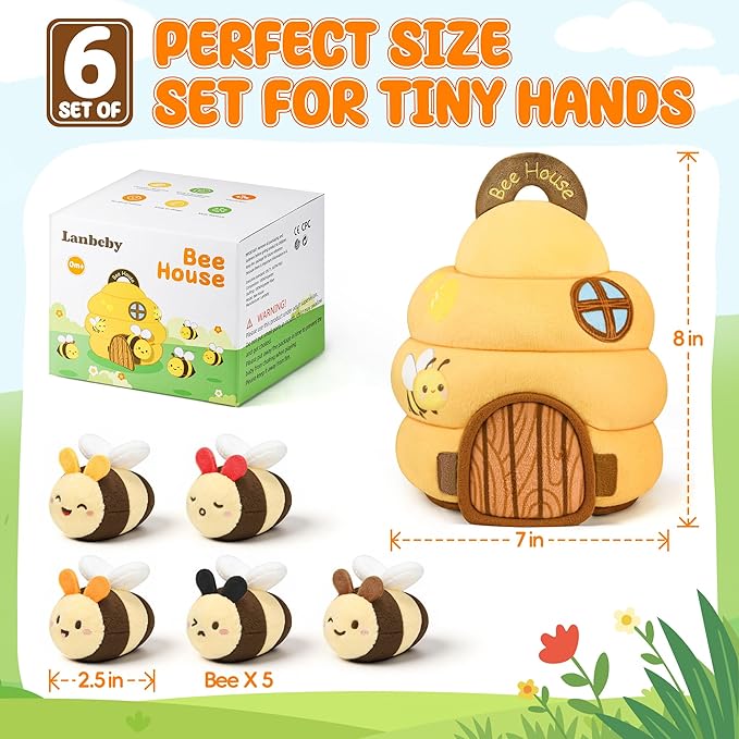 Baby Toys 6-12 Months - Beehive Infant Toy with 5 Sensory Bees Stuffed Animals, Crinkle, Rattle, Mirror & Music, Montessori Toys for 6 7 8 9 10 11 12 Month Old Baby Boys Girls Birthday Christmas Gift