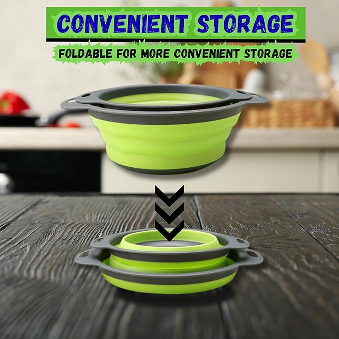 Collapsible Colander Set,Premium Food Grade Silicone Folding Strainers with Handles Space Saving Colanders for Draining Pasta,Vegetables & Fruits,Ideal for Kitchen & Travel (2pc)
