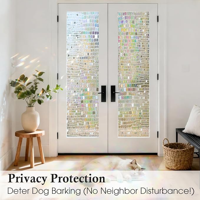 Windimiley Rainbow Window Privacy Film, 3D Stained Glass Christmas Decorative Window Clings, UV Heat Blocking Holographic Prism Stickers for Home(35.4 x 78.7In,Pure)