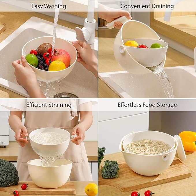Chef's Path 2 in 1 Kitchen Strainer and Colander for Kitchen, Multifunctional Food Strainer Set, BPA Free Plastic Colander with Handle, Pasta Drainer, Veggie and Fruit Cleaner - White