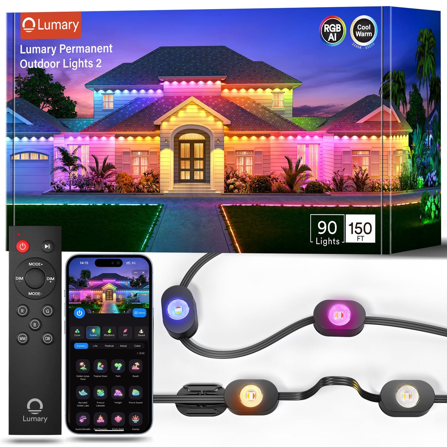Lumary Smart Permanent Outdoor Lights 2 With Remote  150Ft With 90 Rgbaicw Leds 5400Lm For Daily And Accent Lighting  110+ Scenes For Halloween Christmas Decor  Compatible With Alexa Google  Black