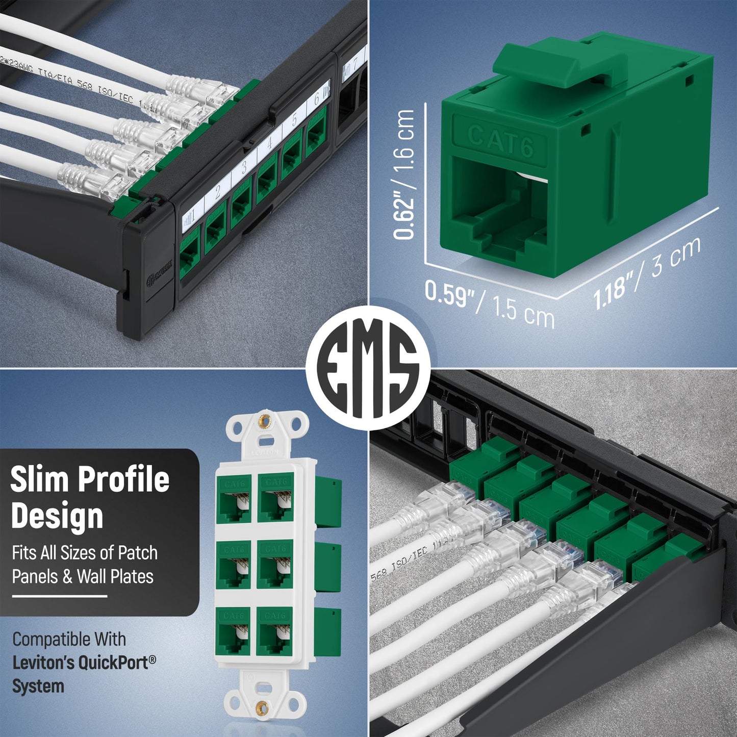 Everest Rj45 Cat6 Keystone Coupler In Green (6-Pack) - Rj45 Coupler For Ethernet, Cat6 Keystone Jacks