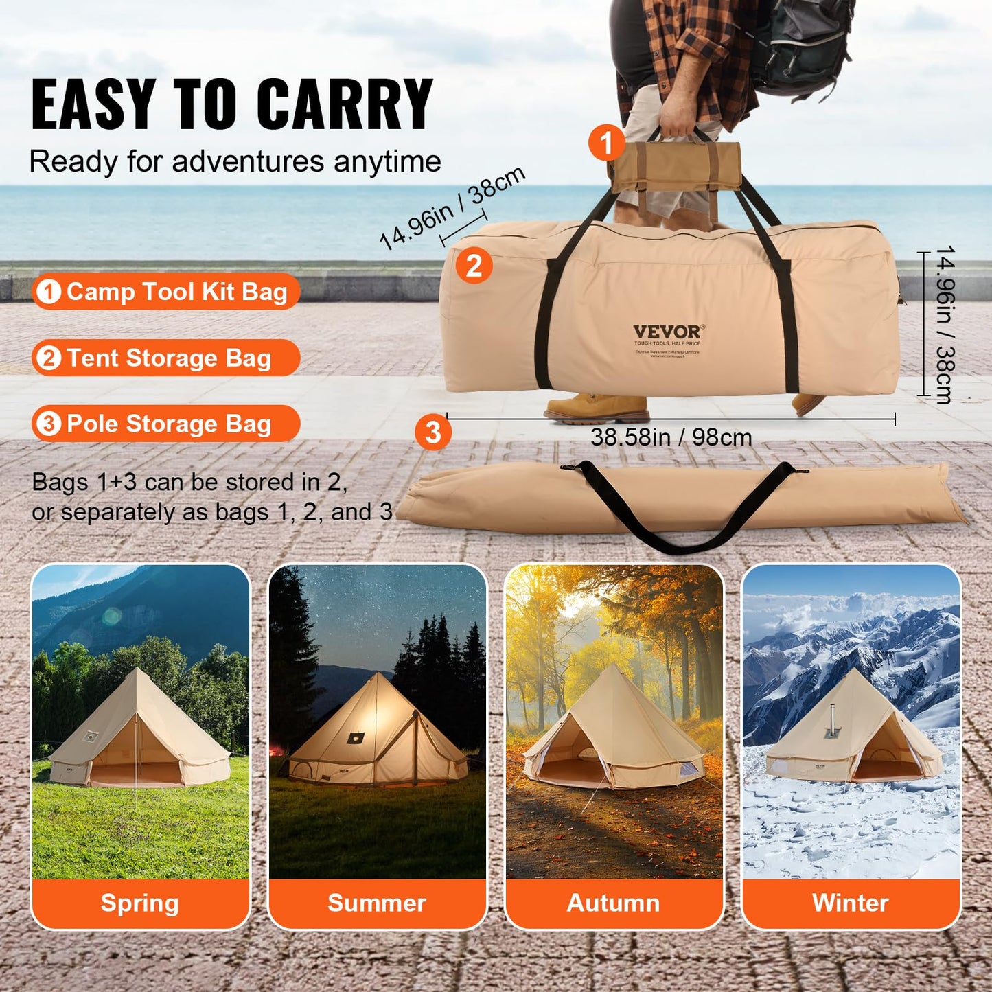 VEVOR Canvas Bell Tent, 4 Seasons 6 m/19.68 ft, Canvas for Camping with Stove Jack, Breathable Holds up to 10 People, Family Camping Outdoor Hunting Party