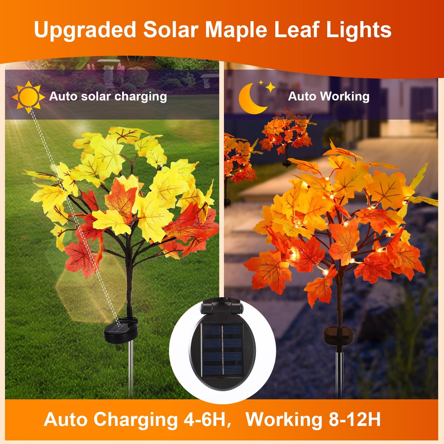 2Pack Fall Solar Lights Outdoor Decorative  Waterproof 40Led Orange Fall Lights With 80 Maple Leaves Path Lights  Solar Lights For Fall Autumn Patio Garden Halloween Thanksgiving Decorations
