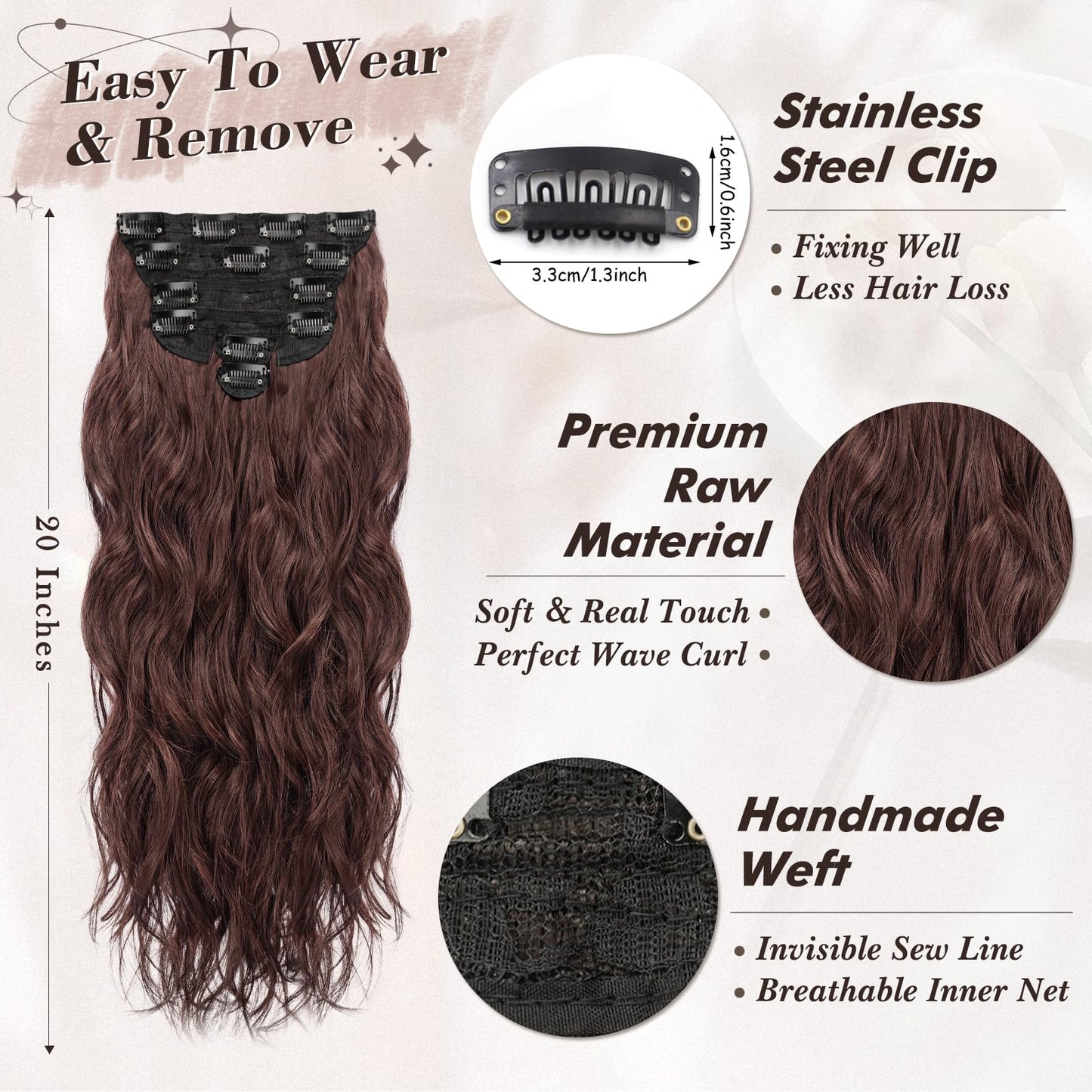 BARSDAR Brown Clip in Hair Extensions - 20 Inch Wavy Clip in Hair Extensions for Women - 6PCs Soft Thick Synthetic Chestnut Hair