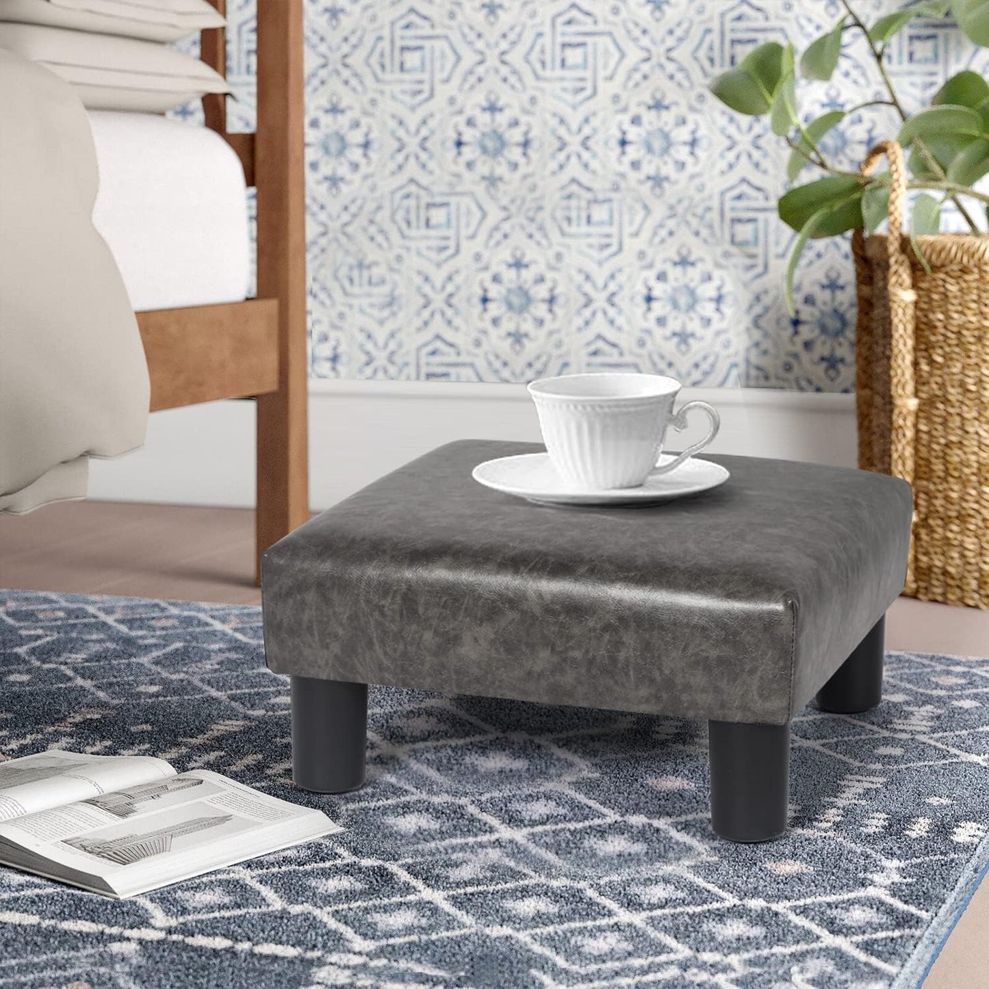 Joveco Small Footstool PU Leather Ottoman Square Footrest Stool Modern Padded Seat Chair for Living Room Bedroom Couch Dogs (Gray)