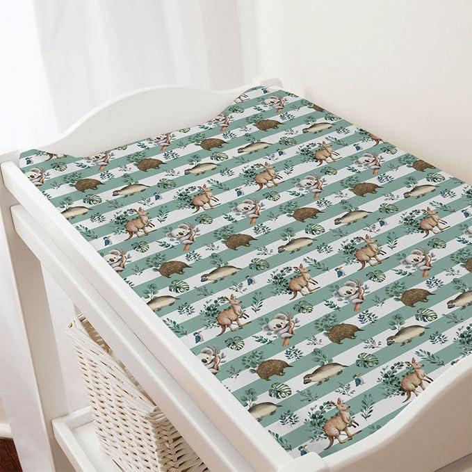 Baby Australian Animals Baby Changing Pad Covers for Boy Girl 32''x16'' Cute Koala Green Tropical Leaves Fitted Diaper Change Table Sheets Baby Animals Stripes Soft Breathable Baby Changing Table Mats