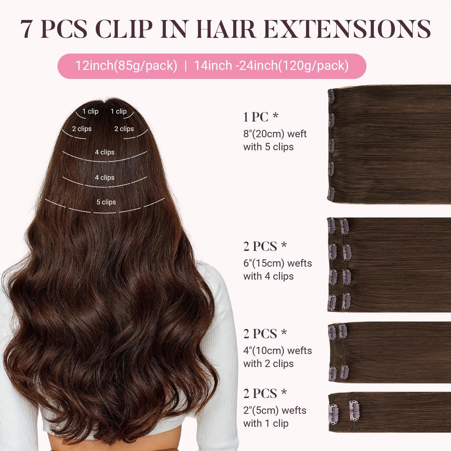 MAXITA Clip in Hair Extensions Real Human Hair, 7 pcs Chocolate Brown 12 Inch 80g, Clip ins Remy Hair Natural Straight Hair for