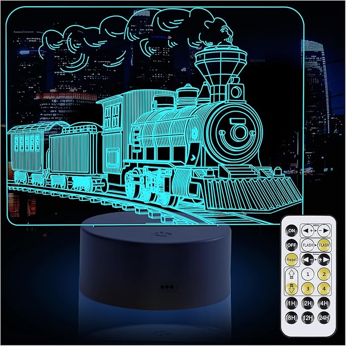 Train Night Light, 3D LED Night Lamp for Boys - Trains Themed Bedroom Lamps, Optical Illusion Lamp with Remote Control, Perfect for Kids' Room Décor, Cool Gifts for Trains Lovers(Steam Train 2)