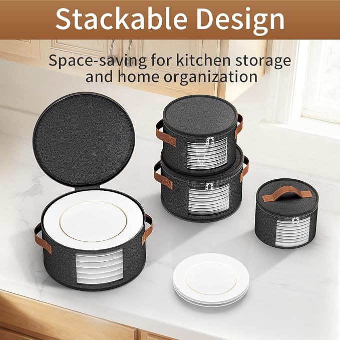 4 Piece Stemware Storage Containers, China Storage Containers with Clear Windows, Hard Shell Dish Storage with Handles for Dishes, Dinnerware, Plates, Dark Gray