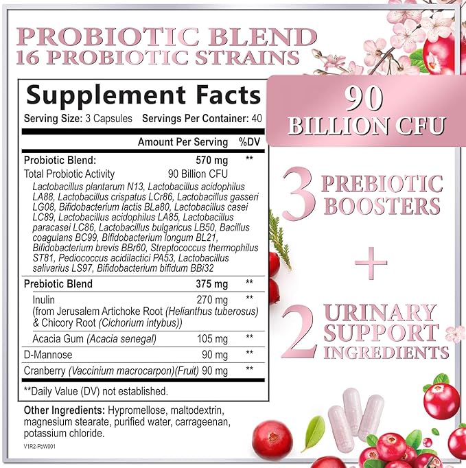 Probiotics for Women 90 Billion CFU, pH Balance for Feminine Vaginal Odor, 16 Probiotic Strains with Prebiotics, Cranberry, D-Mannose & Digestive Health, Immune Support, Shelf Stable - 120 Capsules