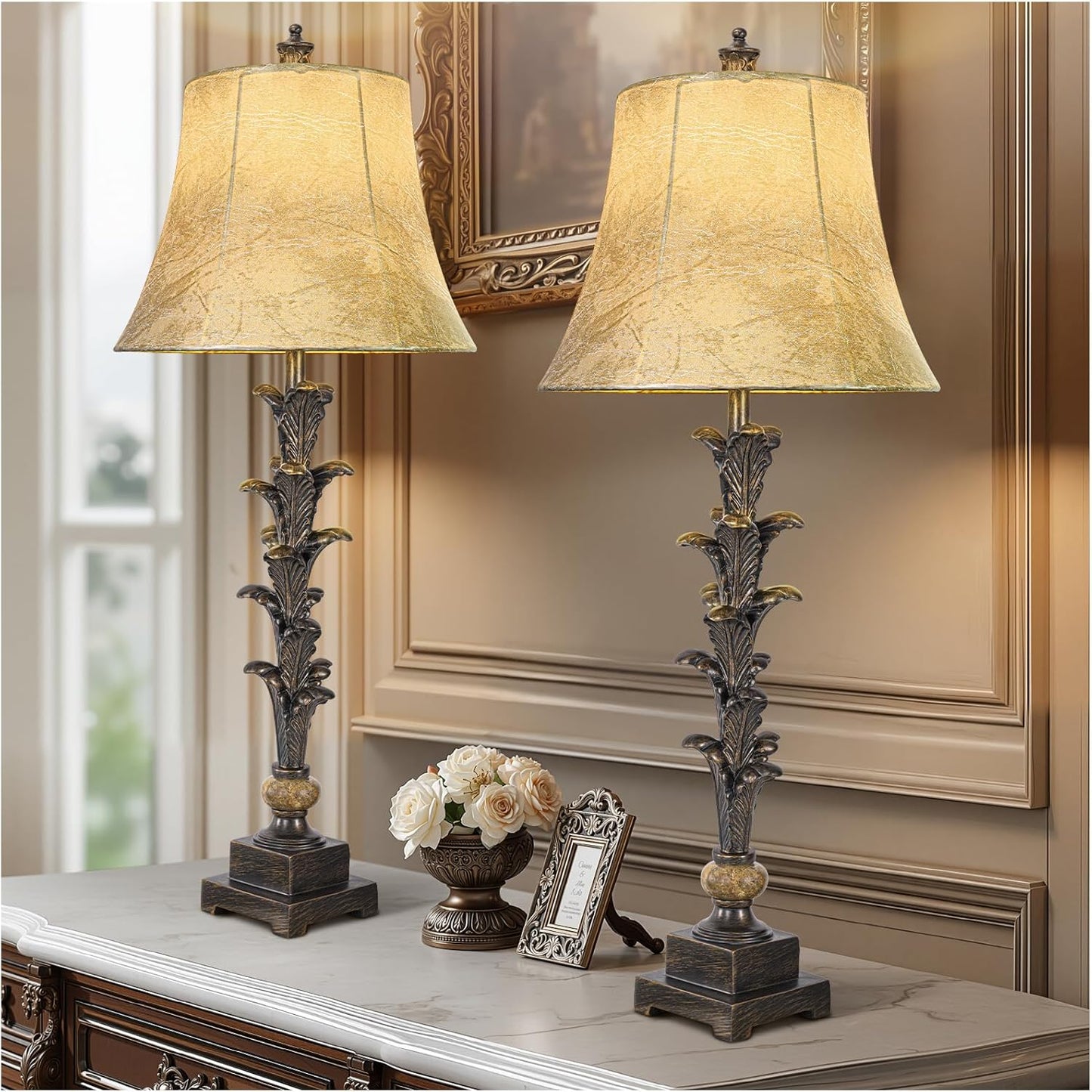 Table Lamps Set of 2 for Living Room, 33'' Tall Bedside Table Lamps with 3 Way Dimmable Bulbs, Farmhouse Buffet Lamps with Laux Leather Shades, Vintage Brown Desk Lamps for Nightstand Bedroom Office