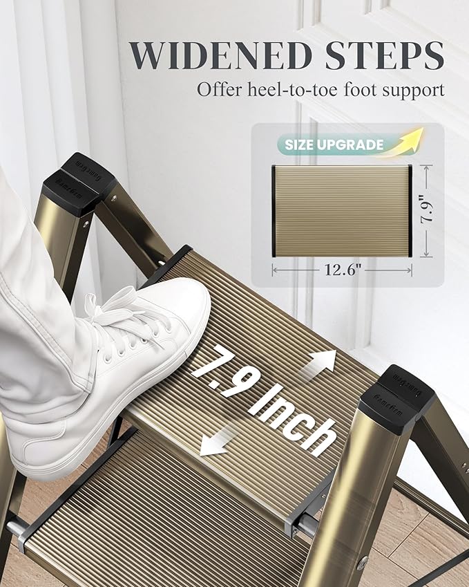GameGem 3 Step Ladder, Folding Step Stool with Wider Pedal, Anti-Slip Feet & Non Slip Stripes, Aluminum Sturdy Material, 300Lbs Capacity, Elegant Look of Champagne Gold Better Matches Your Home