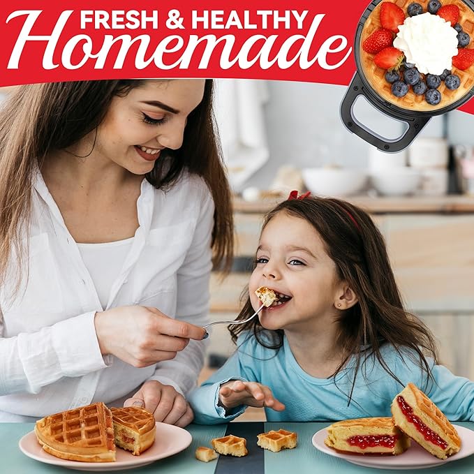 6" Stuffed Waffle Maker Rotating, Flip Waffles Maker Machine with Removable Waffle Ring, Ceramic Coated Belgian Waffle Maker for Kids, Waflera Electrica, Waffle Iron, Pale Blue
