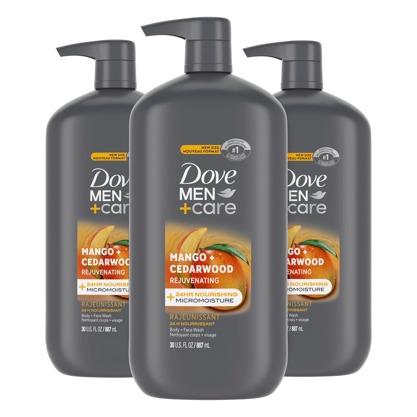 DOVE MEN + CARE Body and Face Wash Rejuvenating Mango + Cedarwood 3 Count for Men, with 24-Hour Nourishing Micromoisture Technol