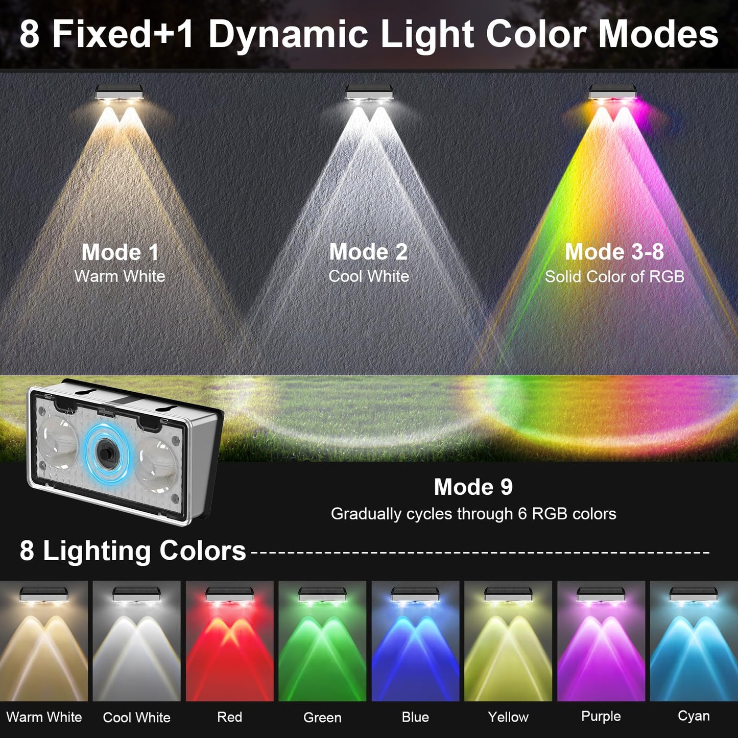 Solar Fence Lights Outdoor 8 Pack  Stainless Steel & Ip65 Waterproof  8 Lighting Modes High Brightness Led Spot Lens Deck Lights Dusk To Dawn For Backyard Stair Railing Patio Wall