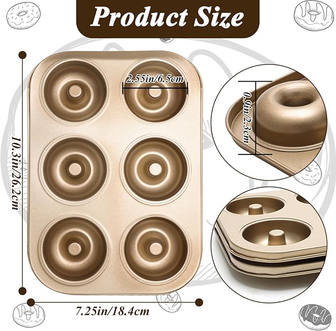 2PCS Donut Pan Carbon Steel 6-Cavity Donut Pan for Baking Doughnut Nonstick & Easy Clean & Dishwasher Safe Donut Mold for Cake, Dessert & Bagel (Champagne Gold)