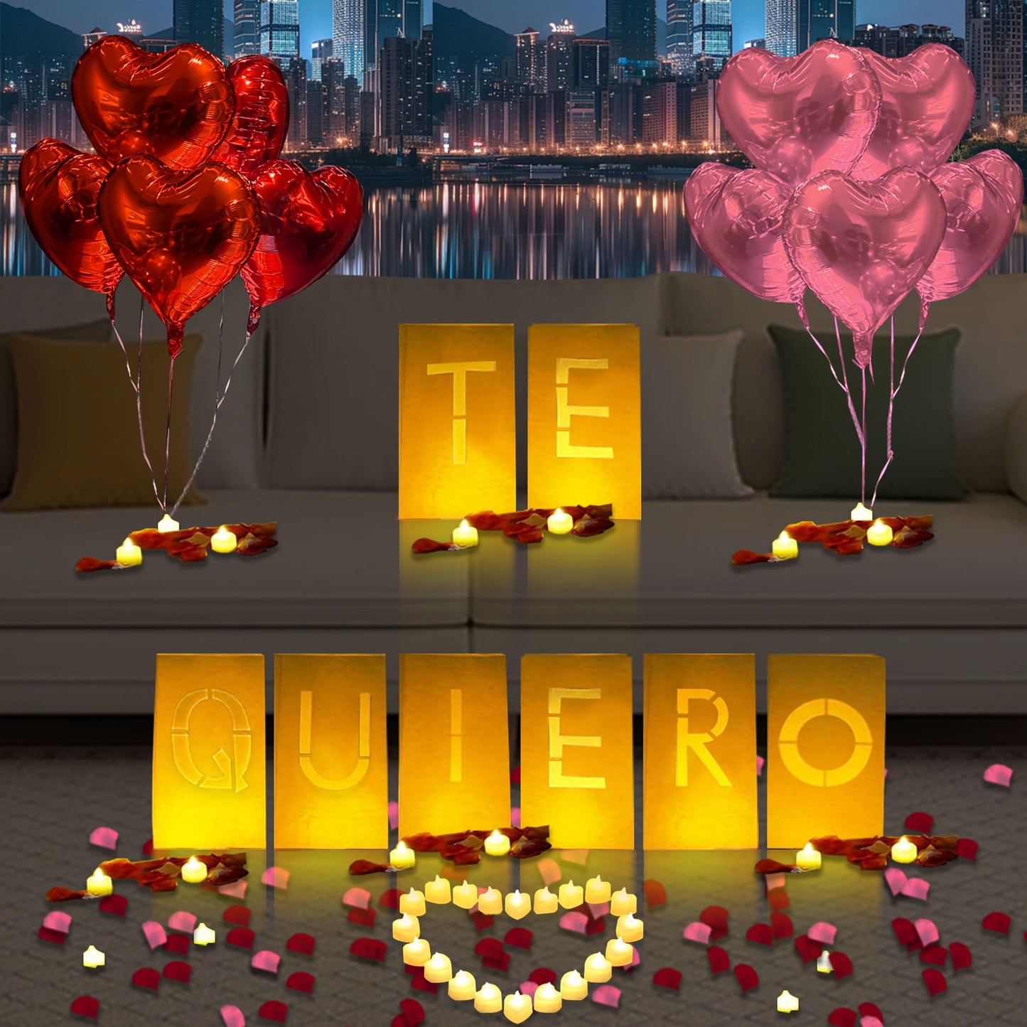 Te Quiero Lighted Letters Sign 17Pcs Luminary Paper Bags 2200Pcs Red Pink Artificial Rose Petals 48Pcs Flameless Led Candle Tealight 15Pcs Heart Balloons Romantic Night ValentineS Day
