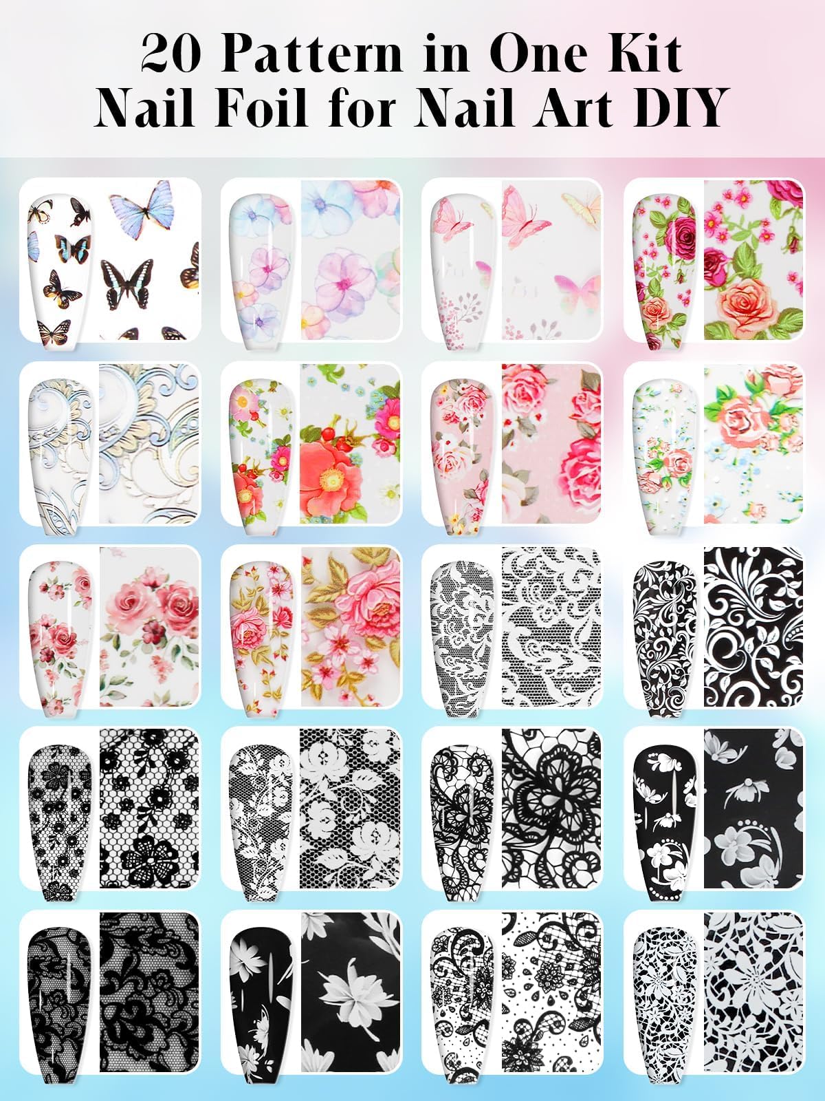 EBANKU Nail Foil Glue Gel, 20 Pcs Nail Art Foil with 30ML Glue, Flower Foils Transfer Stickers Transfer Foils Gels Polish Set fo