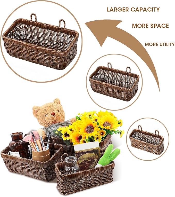 AceList Wall Hanging Basket, Boho Style Hand-Woven Hanging Storage Baskets - Set of 2, Ideal for Boho Room Decor, Kitchen, Garden, and Living Room(Brown)