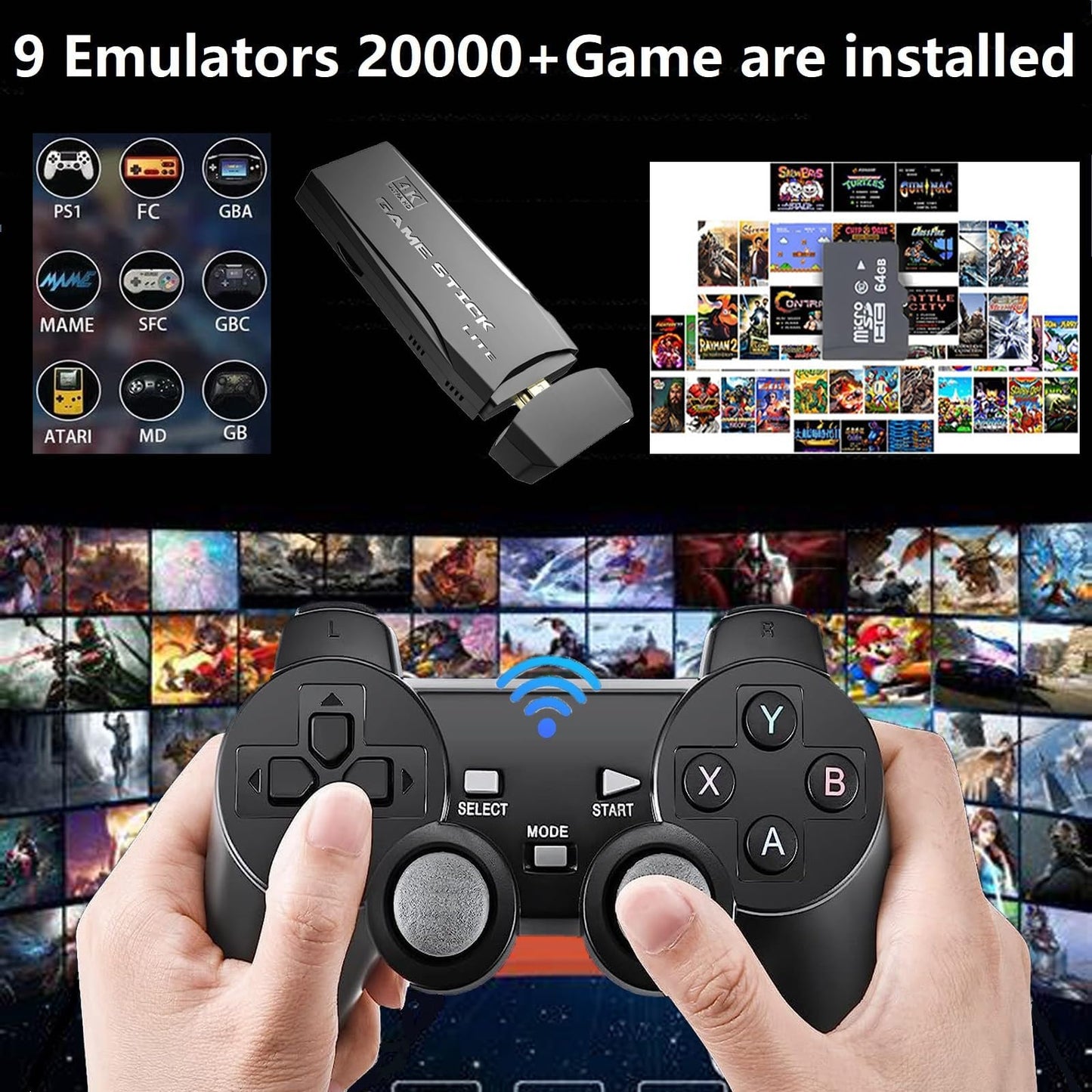 2025 Upgraded Wireless Retro gaming console, Plug & Play Video TV Game Stick with 4K HDMI Output,Built-in 9 Emulators, 20,000+ video games,with Dual 2.4G Wireless Controllers for TV Plug and Play(64G)