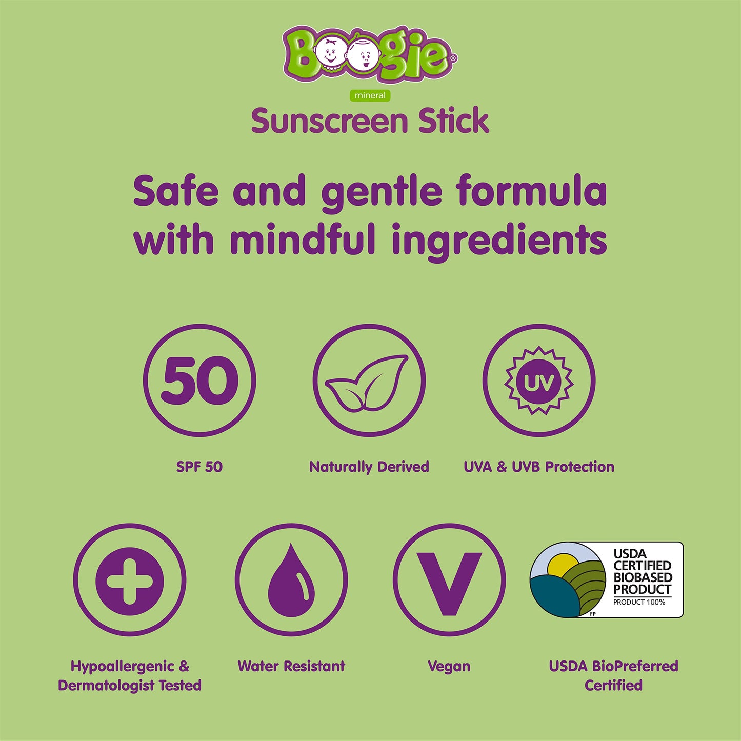 Baby Sunscreen Stick by Boogie, Mineral Sunscreen SPF 50, Travel Size Sunblock for Kids, FSA/HSA Eligible, Zinc Oxide, Water Res