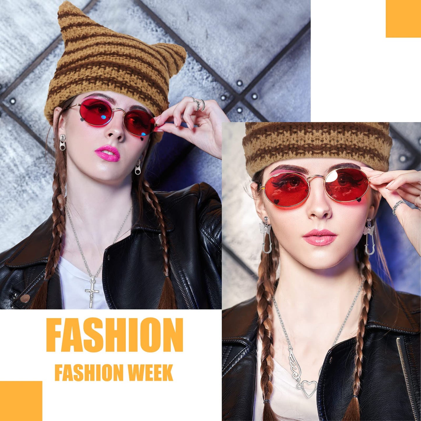 Sureio 25 Pcs Y2k Grunge Knitted Cat Beanie with Fairy Grunge Ripped Gloves Earrings Necklace Rings Monster Horn Accessories(Brown)