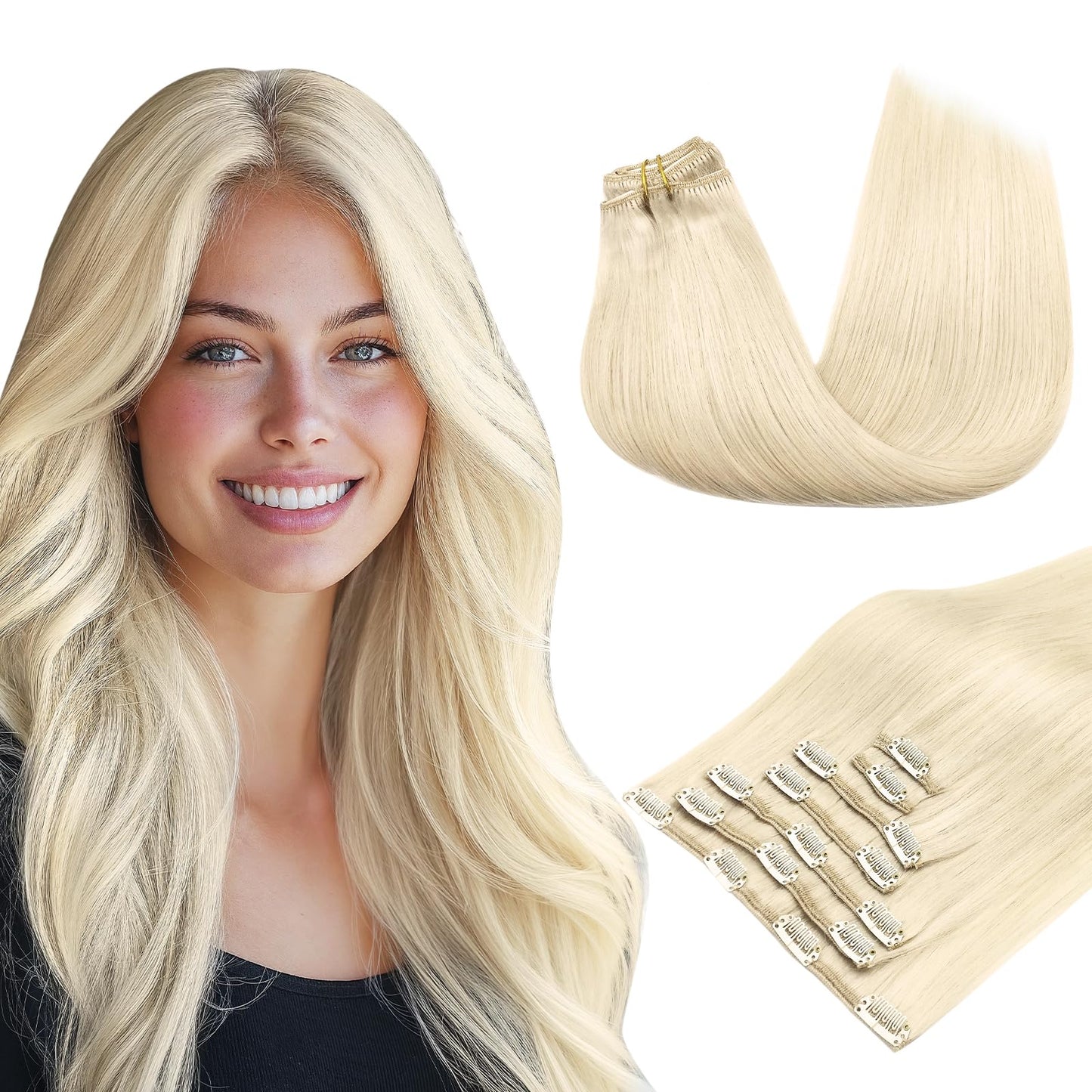 Hair Extensions Real Human Hair, Platinum Blonde 7pcs 120g 16 Inch, MAXITA Clip in Hair Extensions Real Human Hair Remy Clip in