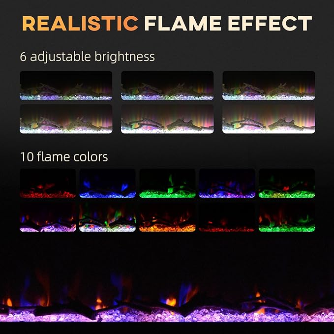 HOMCOM 40" Electric Fireplace Recessed and Wall Mounted with Remote Control, 1500W Fireplace Heater with 8H Timer, Adjustable Flame Color and Brightness, Log and Crystal