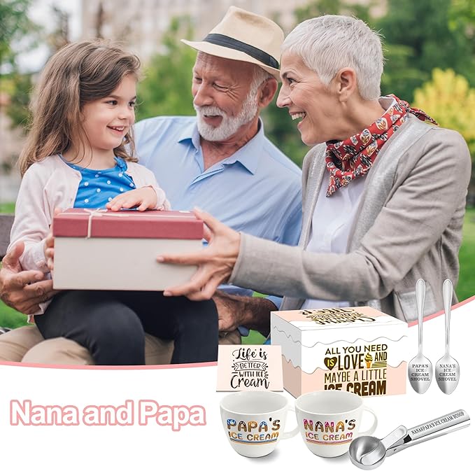 Nana Papa Gifts from Grandkids Ice Cream Bowls and Spoon Scoop Set, Nana and Papa Gifts for Grandparents Day from Granddaughter Grandson Ice Cream Bowl Accessories, Anniversary for Couples