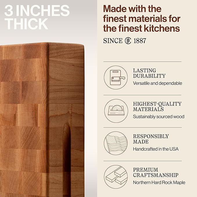 John Boos CCB Series Square Wooden Maple Cutting Board 15”x15” – 3” Thick, 19-lb Reversible Butcher Block with End-Grain & Finger Grips – Made in the USA