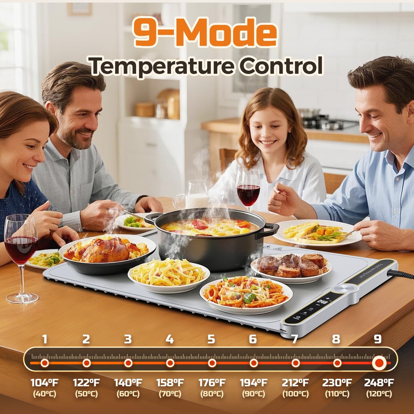 Warming Mat for Food, 24"x15" Food Warmer with 9-Temperature Adjustable, 1-6H Timer Electric Warming Tray Heat 6 Dishes, Child Lock, 8s Fast Heating, Foldable Food-Grade Silicone