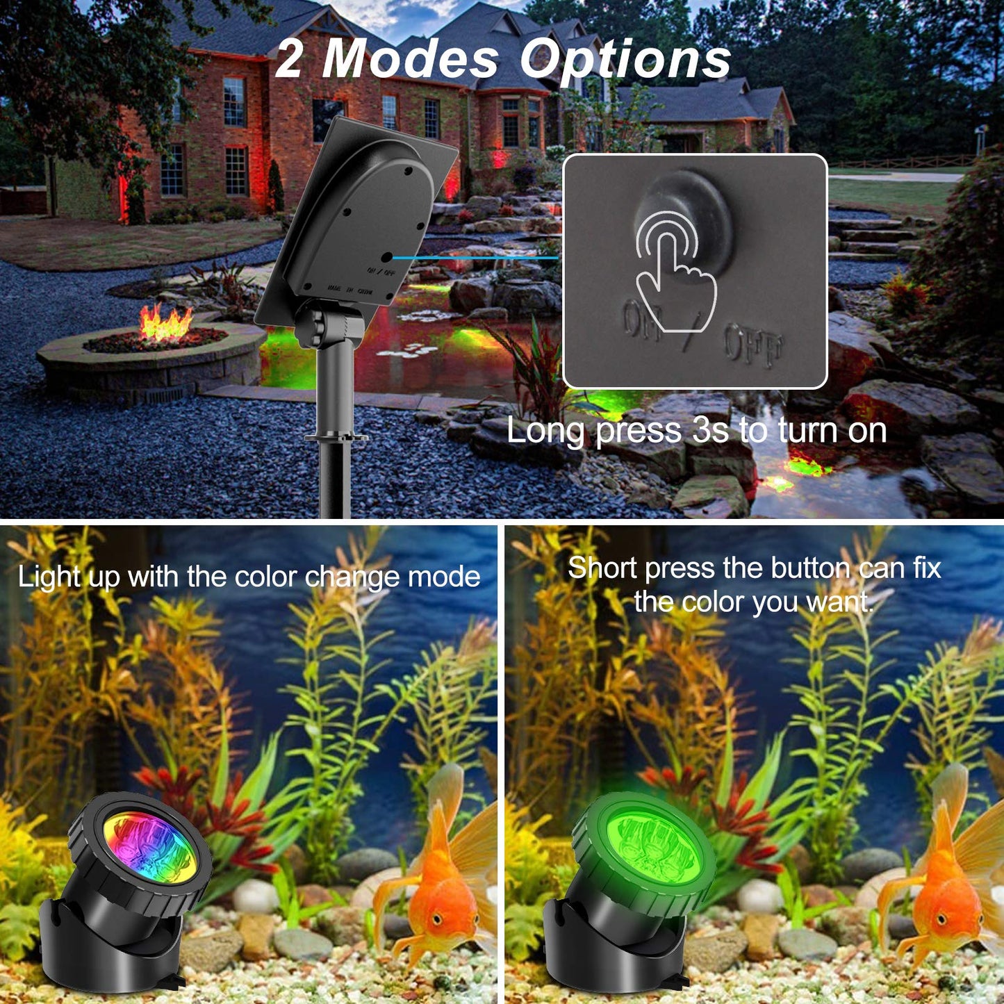 T-SUN Solar Pond Lights, 5 Head RGB LED Spotlights, Adjustable Angle, Submersible for Fountain, Pond, Pool Decoration, 5-Head-Lamp