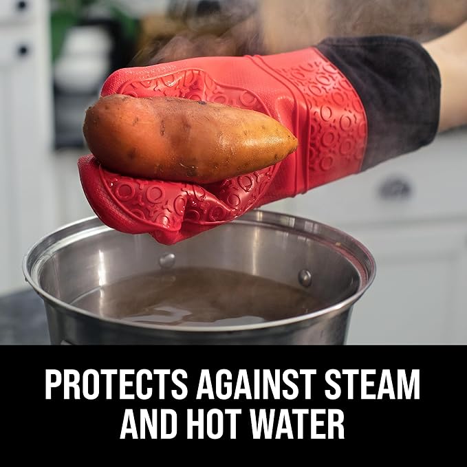BPA-Free Soft Silicone Oven Mitts - Ultra Heat Resistant Oven Mitts with Thick Cotton Liner - Extra Long Slip Resistant Pot Holders, Flexible Oven Gloves - Red/Black 14.7"