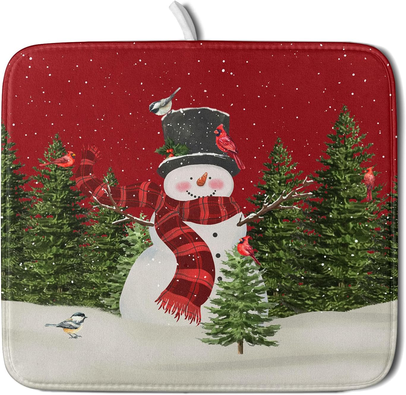 Christmas Dish Drying Mat for Kitchen Counter Red Xmas Snowman Trees Birds Drying Mat 16x18 Inch Winter Holiday Absorbent Dish Drainer Mat Christmas Kitchen Accessories