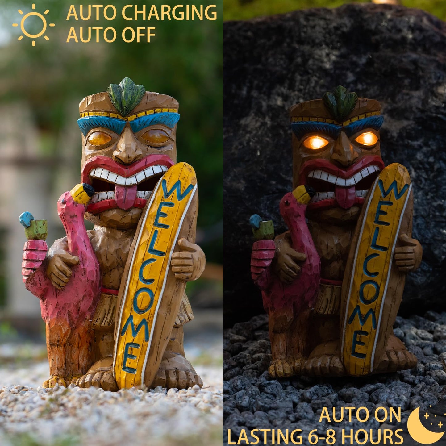 Eptuega Solar Tiki Bar Flamingo Statue - 11.42 Resin Welcome Sign For Patio, Yard, Balcony Decor