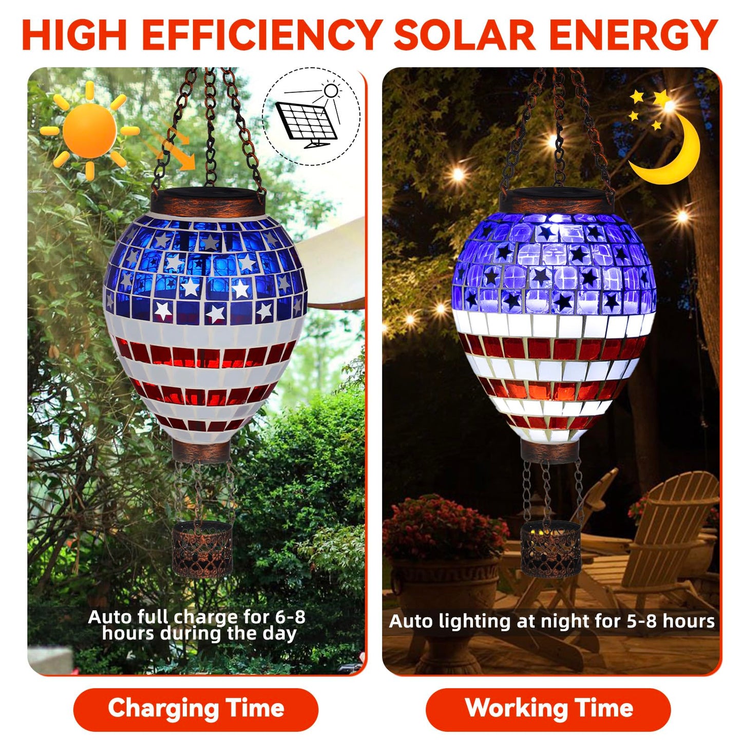 Voreen American Flag Hot Air Balloon Solar Lantern  Handmade Mosaic Outdoor Hanging Wind Light  Ip44 Waterproof  Patio Decorations  Gift For Mom Wife Friend  Patriotic Theme  4Th Of July Decor