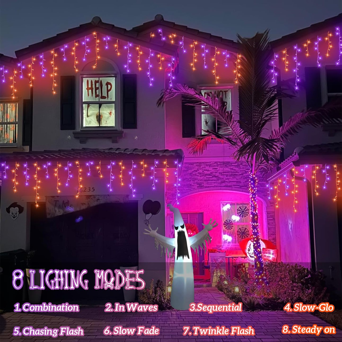 YEGUO Icicle Lights 66ft 800 LED Orange and Purple, 160 Drops, 8 Modes, PVC Material