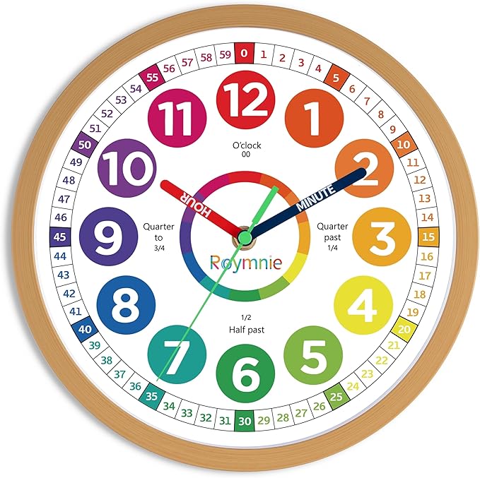 Wall Clock 10 Inch for Kids Learning Easily Kids Teaching Clock Analog Silent Non Ticking Battery Operated Colorful Teaching Time Clock Decorative for Kids Room Kitchen School