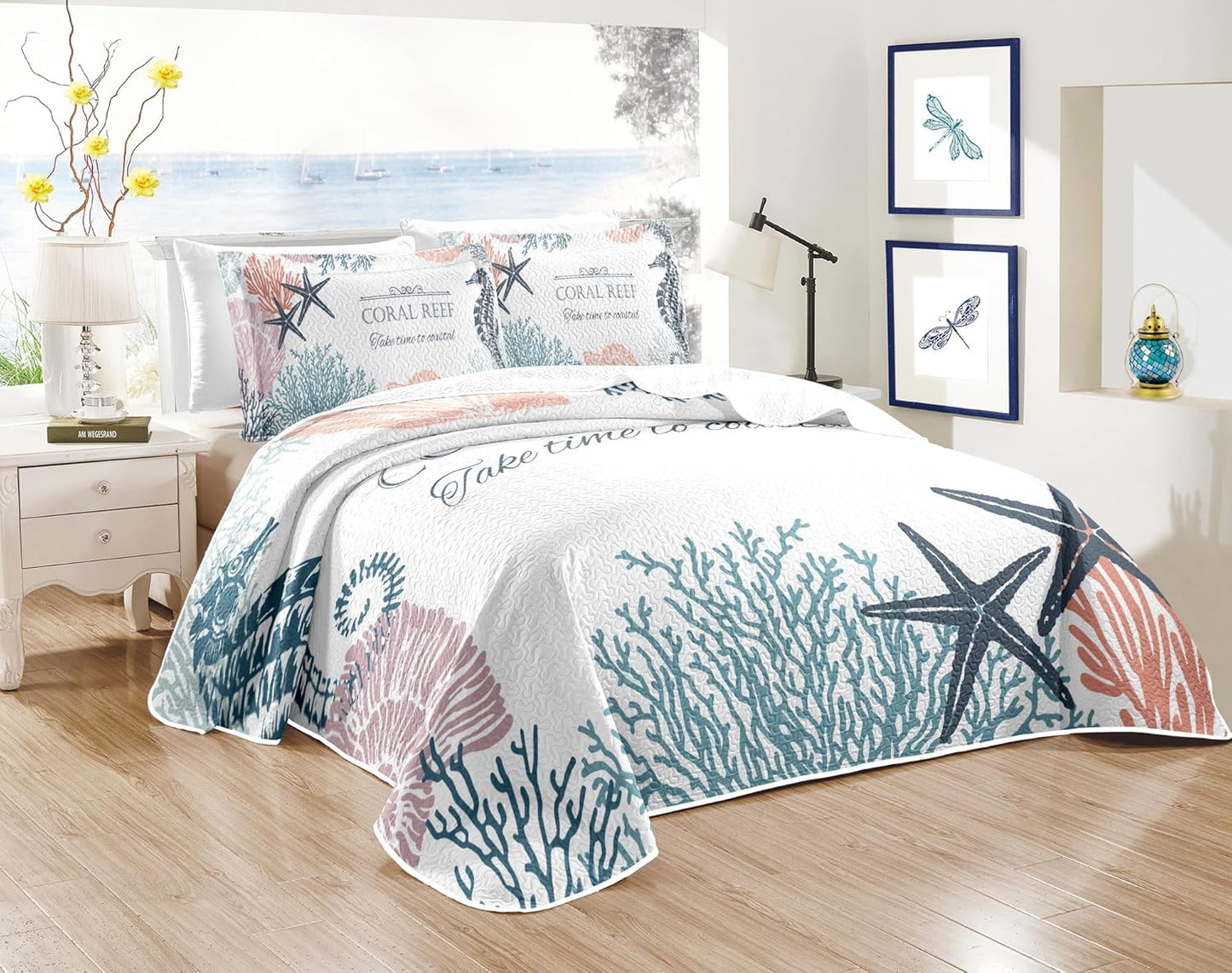 Coastal Bedding King Size 2 Shams, Nautical Beach Comforter Sets Ocean Bedspreads Coastal Coverlet Summer Bedding, 96''x106''