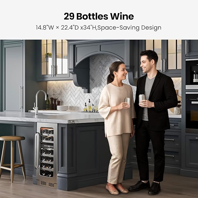 Whynter 29 Bottle Wine Fridge, 15 Inch Dual Zone Wine Cooler Refrigerator, 40-65°F Digital Temperature Control, 3 LED Wine Cellar, Built-in or Freestanding for Home Bar Kitchen Office(3.0 cu.ft)