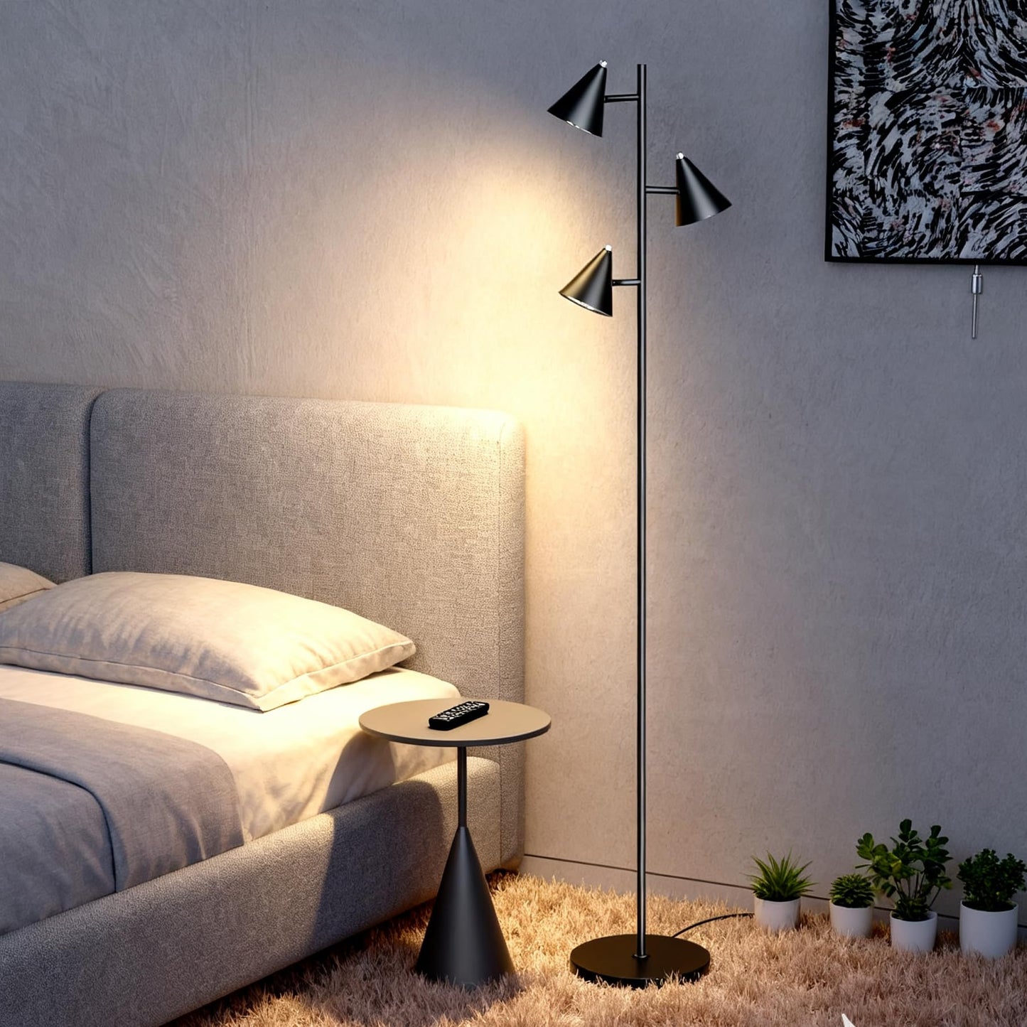 KimYan Floor Lamp with Remote, Dimmable 3 LED Lights, 5 Color Temperatures, 63in Small, Black, Model FL1