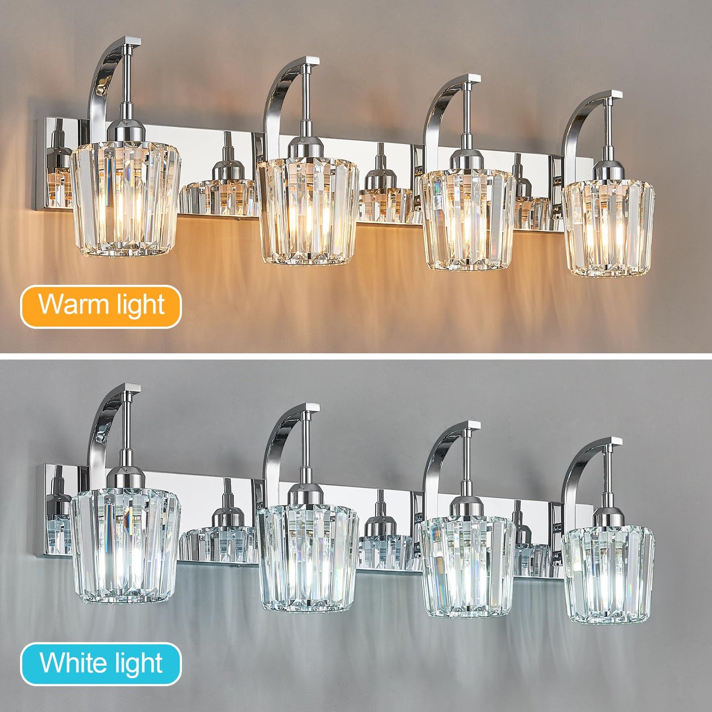 Fdpby Modern Bathroom Vanity Light  4-Light Chrome Wall Sconce With Crystal Accents  Over Mirror Bathroom Lighting Fixture  32.67 Long Dimmable Vanity Lamp For Makeup  Easy Installation