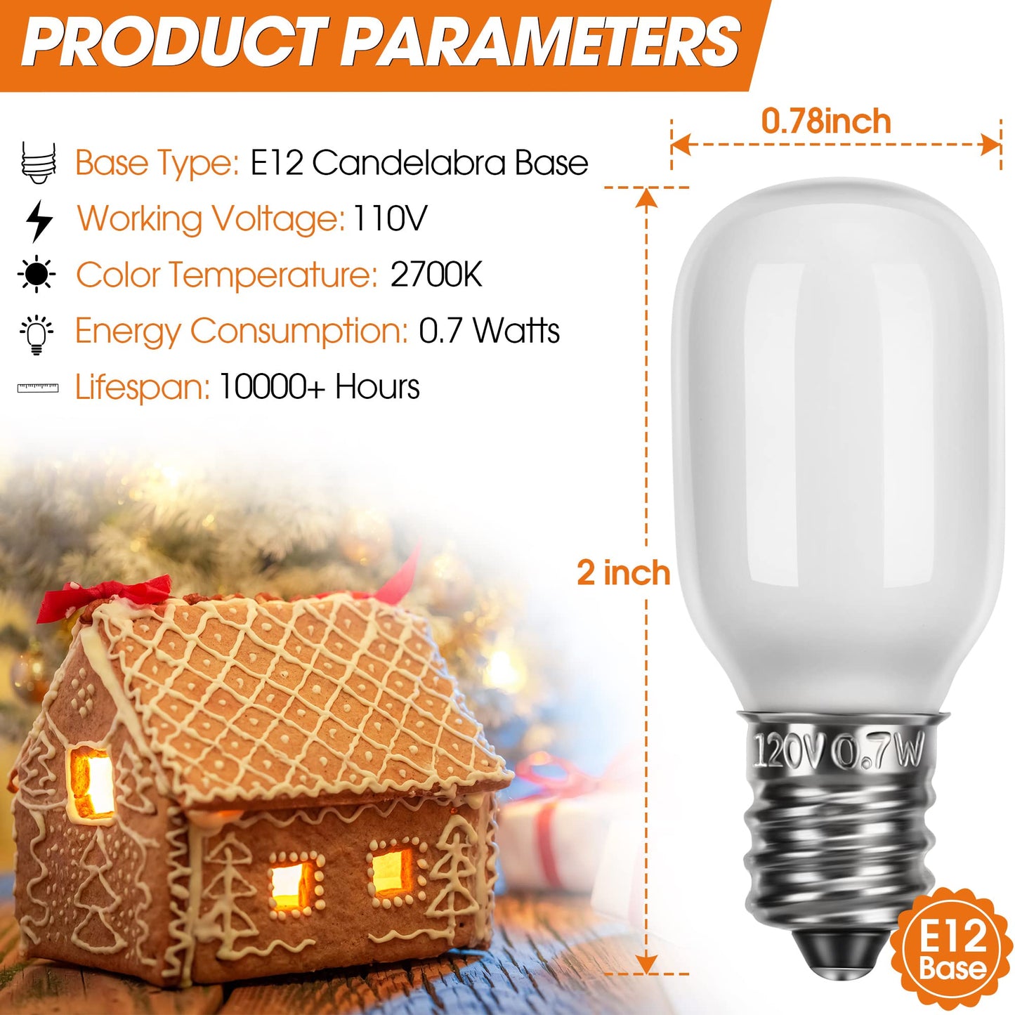 Meonum Christmas Village Replacement Light Bulbs  E12 Candelabra Base T20 Led Bulbs  0.7W 120V Replacement Light Accessories For Villages Houses  Christmas Tree  Halloween Pumpkin(12 Pieces)