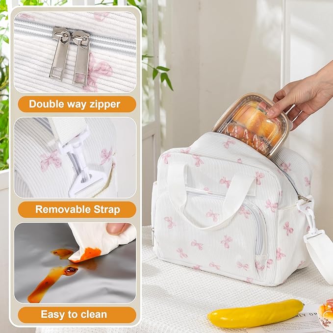 Large Lunch Bag for Women Insulated Lunch Box Reusable Cooler Bag Portable Cute Corduroy Leakproof Tote Bags for Travel, Work, and Picnic, Pink Bow